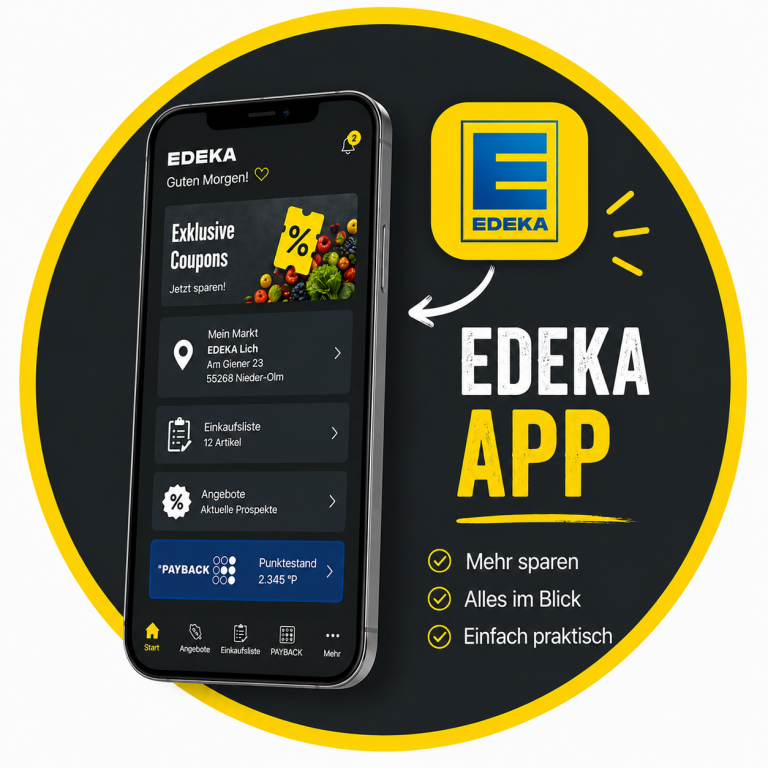 Vorteile der EDEKA App Edeka App-Layout mit Angeboten, Coupons und Dienstleistungen auf einem Smartphone.