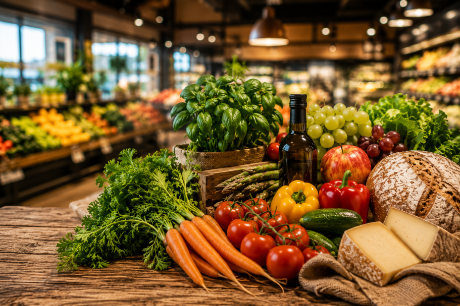 Frische Lebensmittel Frisches Obst und Gemüse, darunter Karotten, Tomaten, Trauben und Käse auf einem Tisch.